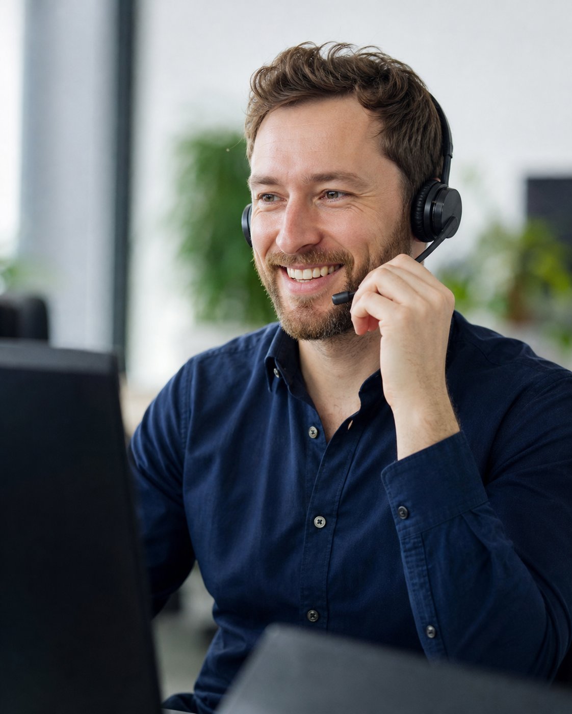 Advisor with a headset speaking with a caller